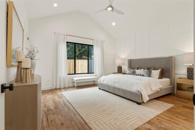 3917 S Madison Ave, Tulsa, OK 74105 - bedroom featuring light wood-style floors, vaulted ceiling, recessed lighting, and ceiling fan