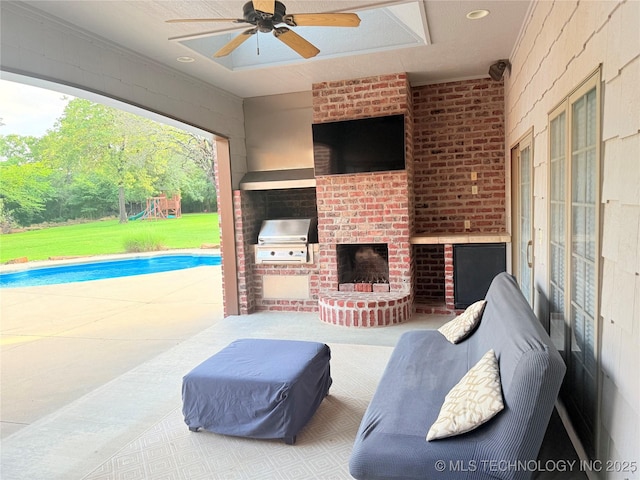 4224 S 69th W Ave, Tulsa, OK 74107 - view of patio / terrace featuring a grill, ceiling fan, an outdoor brick fireplace, a playground, and an outdoor pool