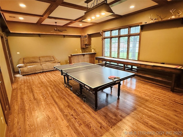 4224 S 69th W Ave, Tulsa, OK 74107 - playroom featuring a ceiling fan, wood finished floors, coffered ceiling, beamed ceiling, and recessed lighting
