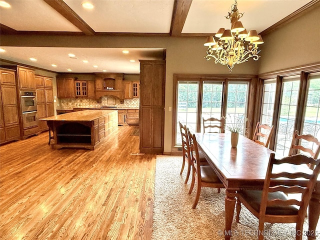 4224 S 69th W Ave, Tulsa, OK 74107 - dining room featuring light wood finished floors, a chandelier, recessed lighting, beam ceiling, and ornamental molding