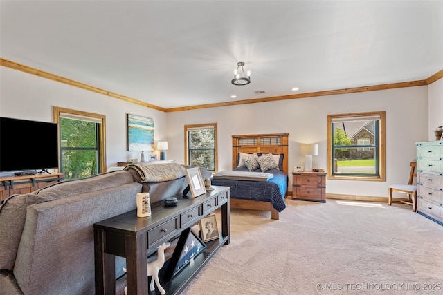 33268 Cardinal Dr, Afton, OK 74331 - bedroom with crown molding, light carpet, recessed lighting, and baseboards