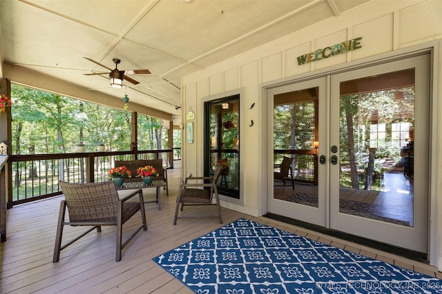 33268 Cardinal Dr, Afton, OK 74331 - sunroom featuring french doors, ceiling fan, and outdoor lounge area