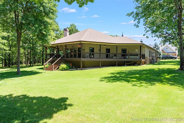 33268 Cardinal Dr, Afton, OK 74331 - rear view of house featuring a chimney, a lawn, cooling unit, and stairway
