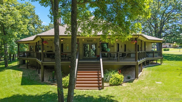 33268 Cardinal Dr, Afton, OK 74331 - rear view of property with stairway, a lawn, covered porch, a shingled roof, and french doors