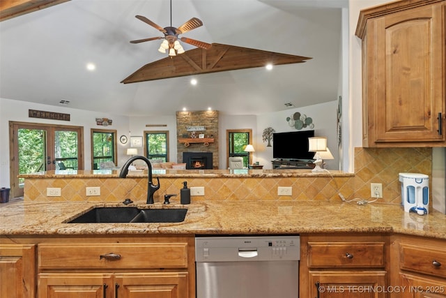 33268 Cardinal Dr, Afton, OK 74331 - kitchen with dishwasher, a sink, ceiling fan, backsplash, and recessed lighting