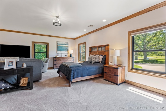 33268 Cardinal Dr, Afton, OK 74331 - bedroom with light colored carpet, ornamental molding, baseboards, and recessed lighting