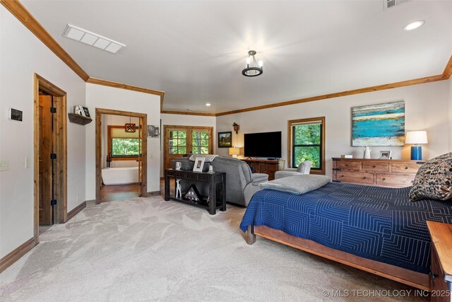 33268 Cardinal Dr, Afton, OK 74331 - bedroom featuring ornamental molding, light carpet, baseboards, and recessed lighting