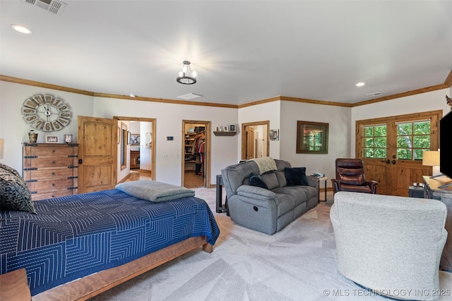 33268 Cardinal Dr, Afton, OK 74331 - bedroom featuring light colored carpet, crown molding, a spacious closet, and recessed lighting