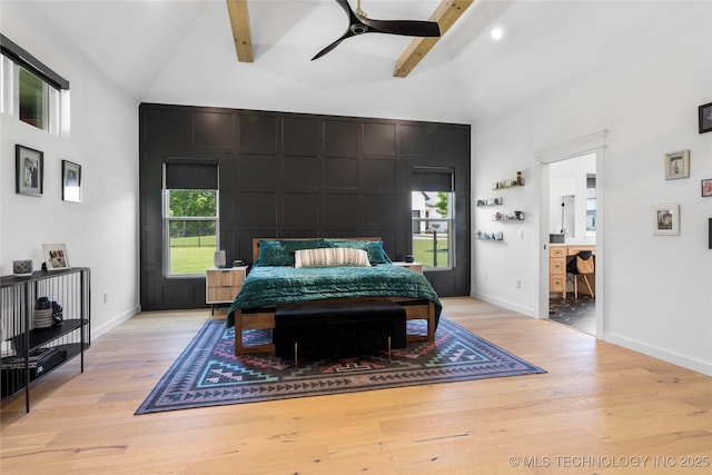 7408 E College St, Broken Arrow, OK 74014 - bedroom featuring high vaulted ceiling, light wood-style flooring, beamed ceiling, baseboards, and ceiling fan