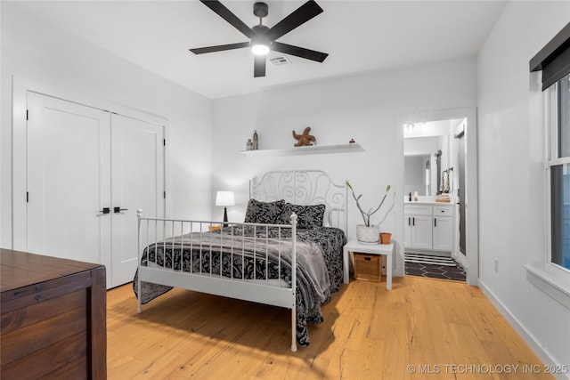 7408 E College St, Broken Arrow, OK 74014 - bedroom featuring light wood-style flooring, a closet, ensuite bathroom, a ceiling fan, and baseboards
