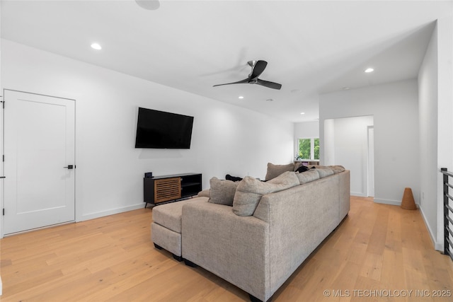 7408 E College St, Broken Arrow, OK 74014 - living room featuring light wood-type flooring, recessed lighting, ceiling fan, and baseboards