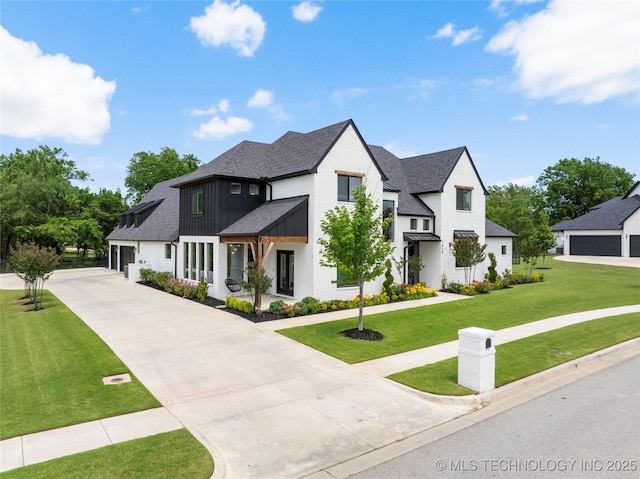 7408 E College St, Broken Arrow, OK 74014 - modern farmhouse with roof with shingles, concrete driveway, a standing seam roof, a garage, and a front lawn