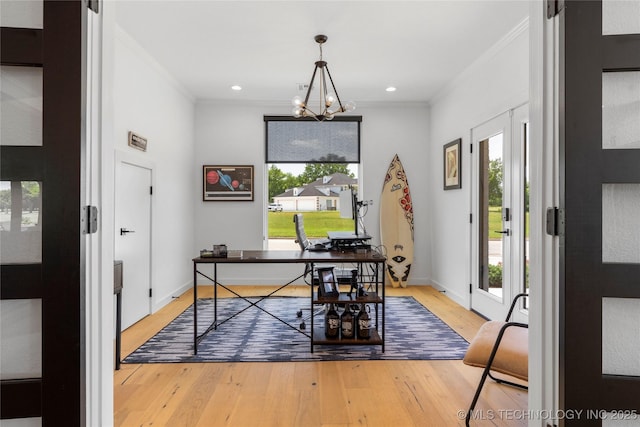 7408 E College St, Broken Arrow, OK 74014 - office space featuring crown molding, a chandelier, light wood-style flooring, baseboards, and recessed lighting