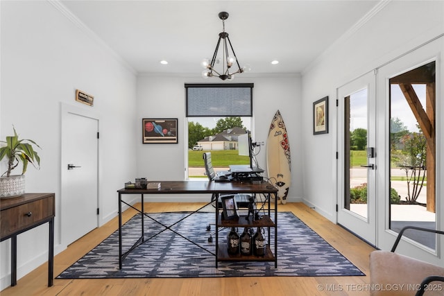 7408 E College St, Broken Arrow, OK 74014 - office area with ornamental molding, a chandelier, wood finished floors, baseboards, and recessed lighting
