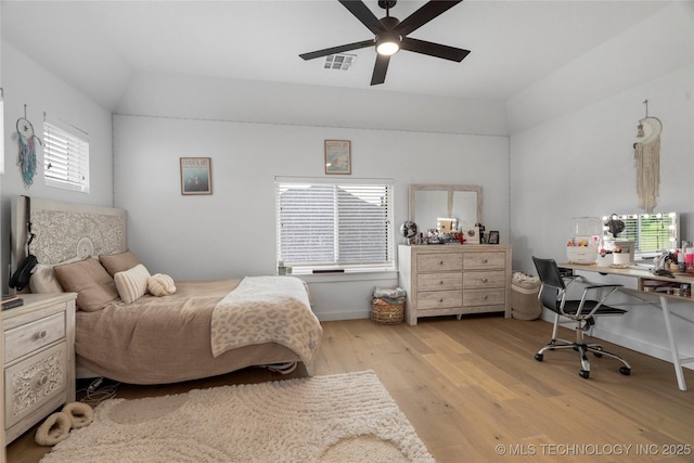 7408 E College St, Broken Arrow, OK 74014 - bedroom featuring light wood-style flooring, a desk, lofted ceiling, and ceiling fan