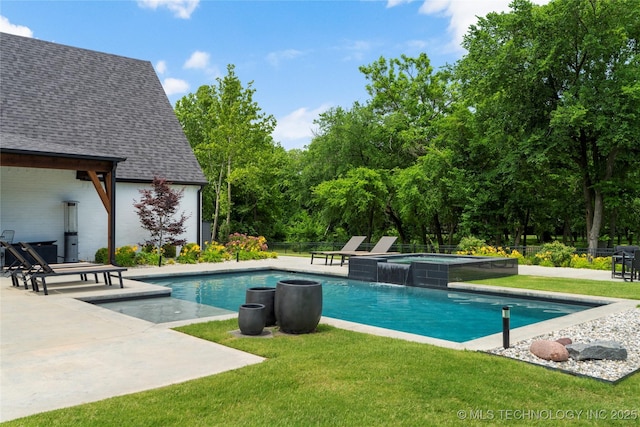 7408 E College St, Broken Arrow, OK 74014 - outdoor pool with an in-ground hot tub, a patio, and view of wooded area