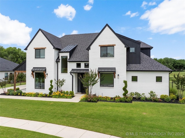 7408 E College St, Broken Arrow, OK 74014 - modern farmhouse with a standing seam roof, a shingled roof, a front yard, and board and batten siding