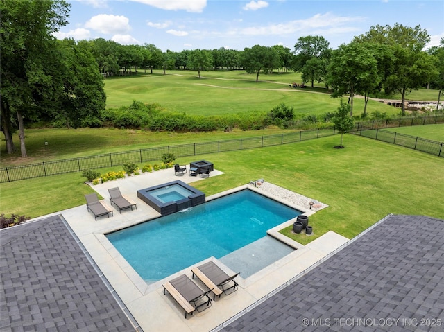 7408 E College St, Broken Arrow, OK 74014 - view of swimming pool with view of golf course, a patio, view of wooded area, and a pool with connected hot tub