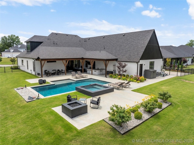 7408 E College St, Broken Arrow, OK 74014 - view of pool with a patio, a pool with connected hot tub, and an outdoor living space with a fire pit