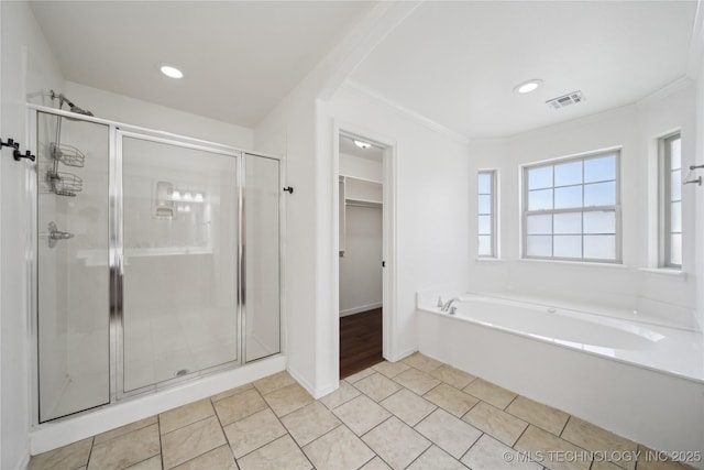 12523 S Cedar Pl, Jenks, OK 74037 - full bathroom with a stall shower, a garden tub, a spacious closet, crown molding, and tile patterned floors