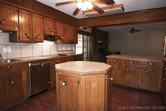 17079 S 125th St, Webbers Falls, OK 74470 - kitchen featuring stainless steel dishwasher, tile countertops, ceiling fan, dark wood-style floors, and black electric cooktop