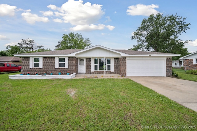 128 Suburban Ln, Inola, OK 74036 - ranch-style house with brick siding, a garage, driveway, and a front yard