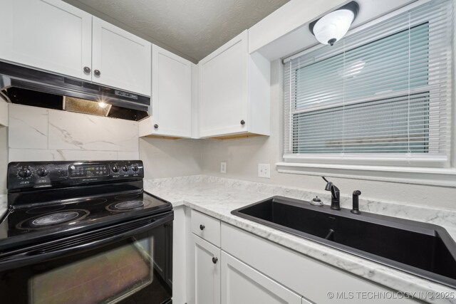 128 Suburban Ln, Inola, OK 74036 - kitchen with black / electric stove, under cabinet range hood, a sink, white cabinetry, and decorative backsplash