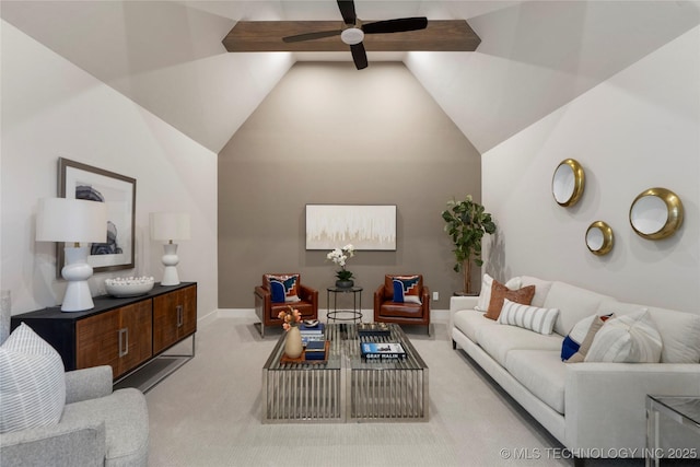 2338 E 134th St S, Bixby, OK 74008 - living area featuring carpet, ceiling fan, and lofted ceiling