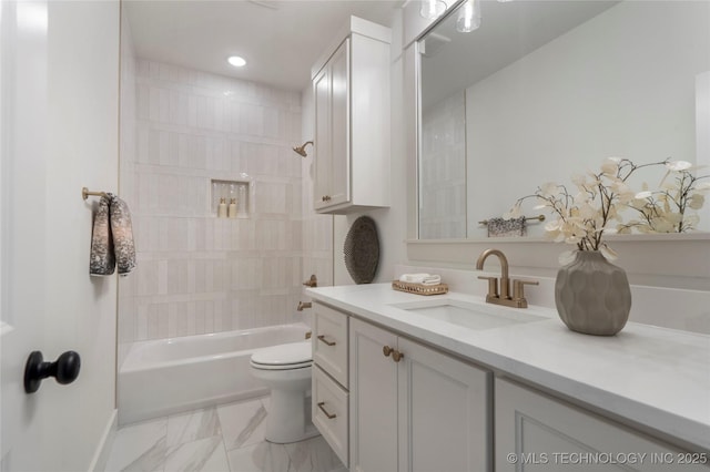 2338 E 134th St S, Bixby, OK 74008 - bathroom featuring vanity, tub / shower combination, marble finish floors, and recessed lighting
