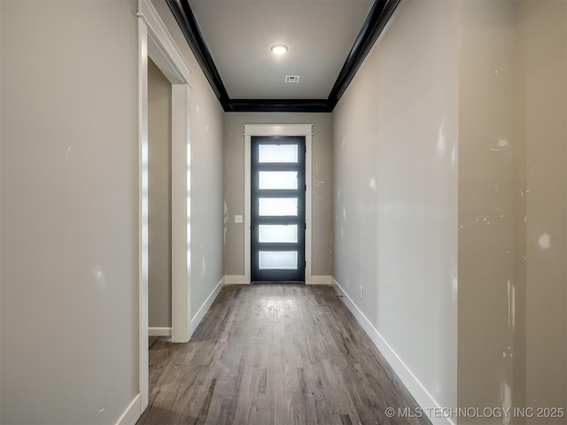 13155 S 105th E Ave, Bixby, OK 74008 - entryway with wood finished floors, baseboards, and ornamental molding