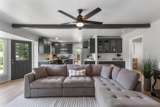 7532 E 55th Pl, Tulsa, OK 74145 - living area featuring healthy amount of natural light, light wood finished floors, a ceiling fan, beam ceiling, and recessed lighting