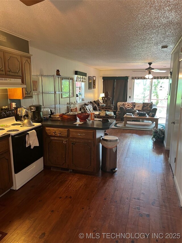 95398 S 4556, Vian, OK 74962 - kitchen featuring white electric stove, ceiling fan, a textured ceiling, dark wood-style floors, and a peninsula