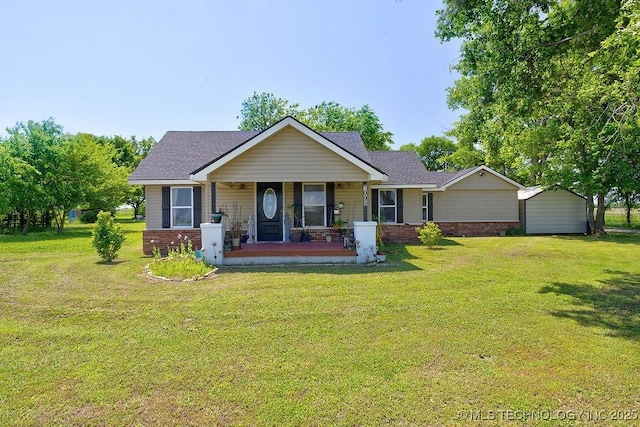 7008 S Hwy 28, Chelsea, OK 74016 - ranch-style house with brick siding, covered porch, a front lawn, and roof with shingles