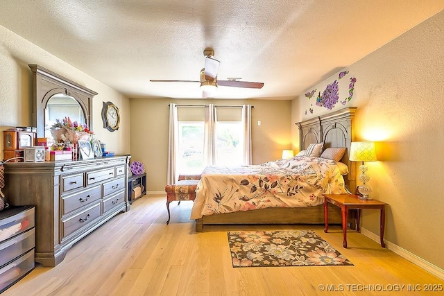 7008 S Hwy 28, Chelsea, OK 74016 - bedroom with light wood-style floors, a textured ceiling, baseboards, and ceiling fan