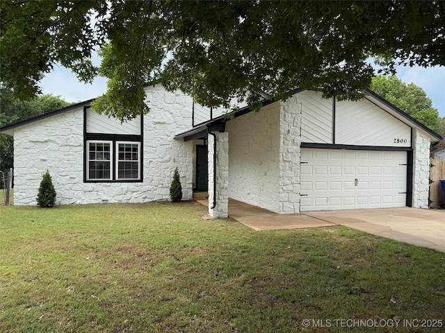 2800 E Seattle St, Broken Arrow, OK 74014 - mid-century modern home featuring stone siding, a front yard, a garage, and concrete driveway