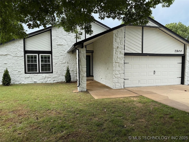 2800 E Seattle St, Broken Arrow, OK 74014 - mid-century home featuring a front yard, a garage, concrete driveway, and stone siding