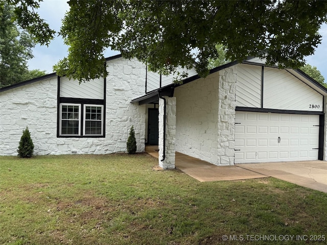 2800 E Seattle St, Broken Arrow, OK 74014 - mid-century home featuring a front lawn, an attached garage, stone siding, and driveway