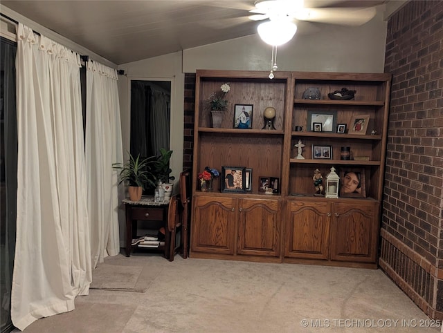 11309 S 107th E Ave, Bixby, OK 74008 - office with ceiling fan, light carpet, brick wall, and vaulted ceiling