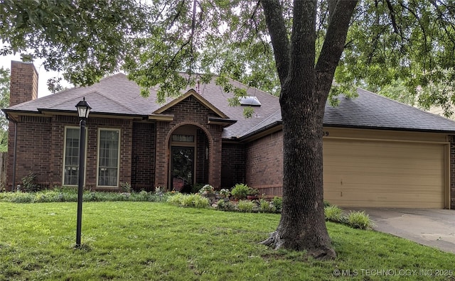 11309 S 107th E Ave, Bixby, OK 74008 - view of front facade with brick siding, a chimney, an attached garage, and driveway