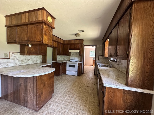 9871 E Windy Ln, Lane, OK 74555 - kitchen featuring electric range, under cabinet range hood, decorative backsplash, a peninsula, and light flooring