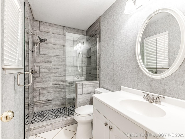 406 Sequoyah Trl, Norman, OK 73071 - bathroom featuring toilet, a shower stall, vanity, and tile patterned floors