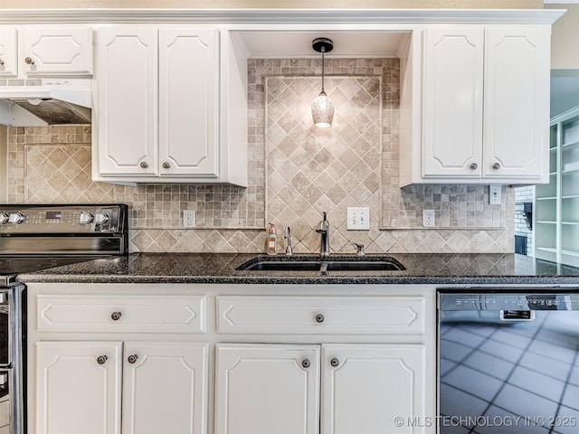 406 Sequoyah Trl, Norman, OK 73071 - kitchen with dishwasher, stainless steel range with electric stovetop, under cabinet range hood, a sink, and white cabinets