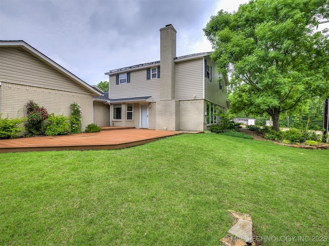 406 Sequoyah Trl, Norman, OK 73071 - rear view of property with a wooden deck, brick siding, a chimney, and a yard