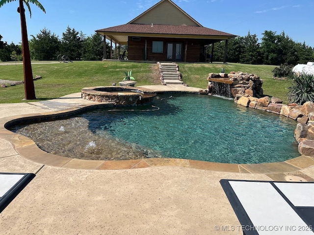 17 Zachary Taylor, Durant, OK 74701 - view of pool with french doors, a lawn, a pool with connected hot tub, and a patio