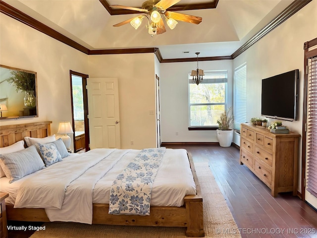 2013 State Highway 9a, Eufaula, OK 74432 - bedroom with crown molding, dark wood-type flooring, a chandelier, baseboards, and a ceiling fan