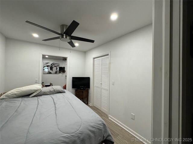 233 W Madison Ave, Mcalester, OK 74501 - bedroom featuring dark wood-style flooring, recessed lighting, baseboards, and a ceiling fan