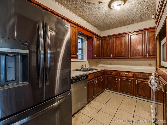12641 S 281st E Ave, Coweta, OK 74429 - kitchen featuring fridge with ice dispenser, dishwasher, a sink, light countertops, and a textured ceiling