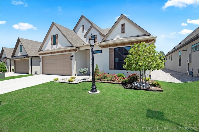 1227 N 71st Pl, Broken Arrow, OK 74014 - view of front of property featuring stucco siding, a front lawn, driveway, a garage, and roof with shingles