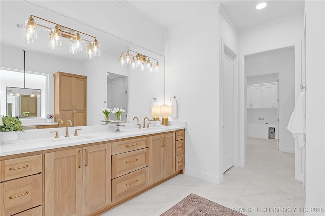 1227 N 71st Pl, Broken Arrow, OK 74014 - full bath featuring double vanity, ornamental molding, baseboards, marble finish flooring, and a shower
