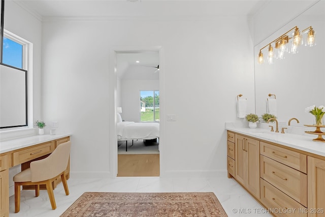 1227 N 71st Pl, Broken Arrow, OK 74014 - ensuite bathroom featuring vanity, crown molding, marble finish floors, baseboards, and a ceiling fan